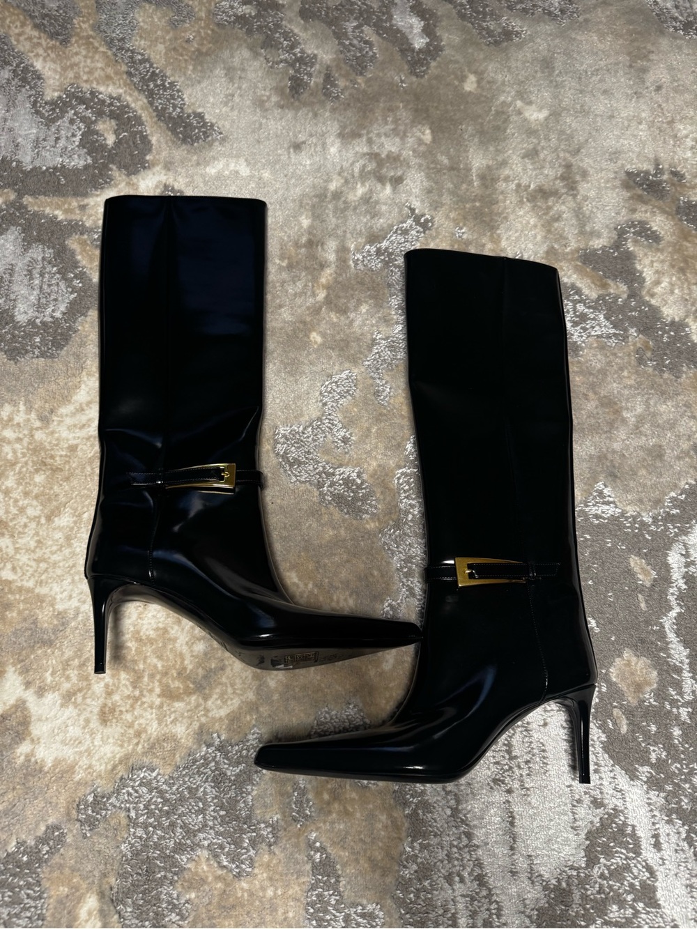 Saint Laurent Lee Buckle Black Patent Leather Boots with Gold Buckle